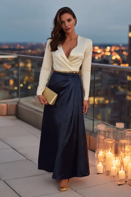 a gracefully elegant woman dressed in a classic floor-length satin skirt in deep midnight blue paired with a fitted long-sleeve ivory silk blouse