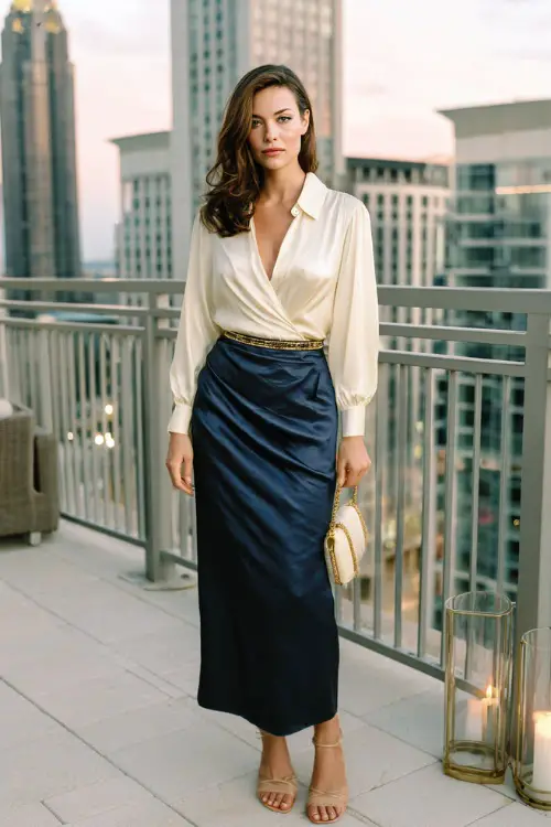 a gracefully elegant woman dressed in a classic floor-length satin skirt in deep midnight blue paired with a fitted long-sleeve ivory silk blouse with subtle draping tucked in 