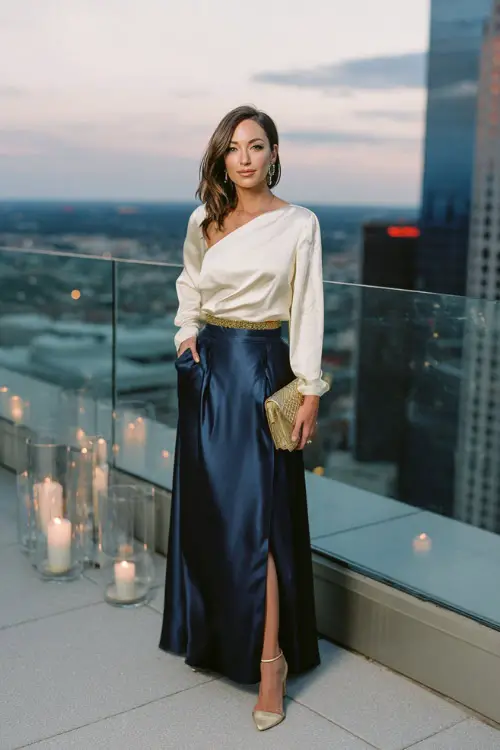a gracefully elegant woman dressed in a classic floor-length satin skirt in deep midnight blue paired with a fitted long-sleeve ivory silk blouse with subtle draping tucked in