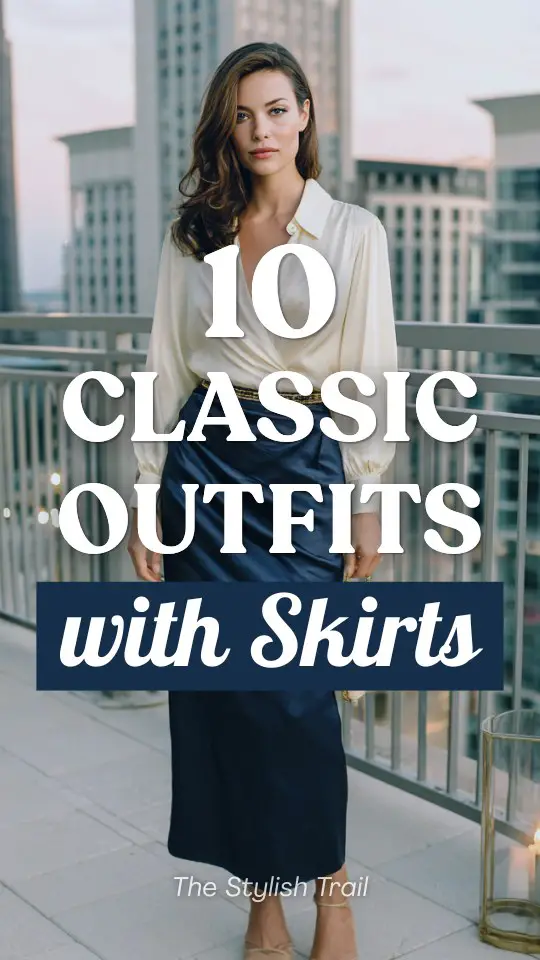 a gracefully elegant woman dressed in a classic outfit with a skirt in deep midnight blue paired with a fitted long-sleeve ivory silk blouse with subtle draping tucked in