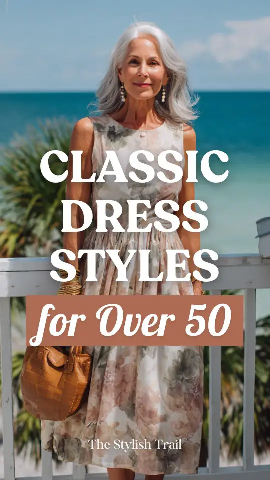 a gracefully stylish woman over 50 wearing a classic dress outfit in a soft watercolor floral print of muted blush, ivory, and sage green tones