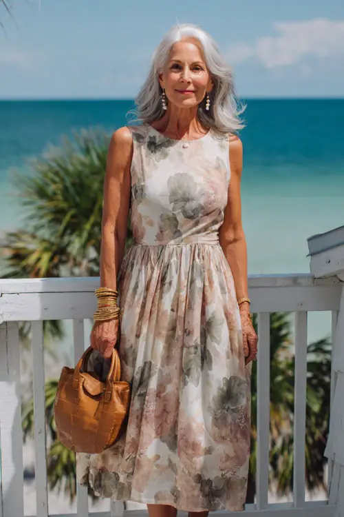 a gracefully stylish woman over 50 wearing a classic sleeveless midi sundress in a soft watercolor floral print of muted blush, ivory, and sage green tones
