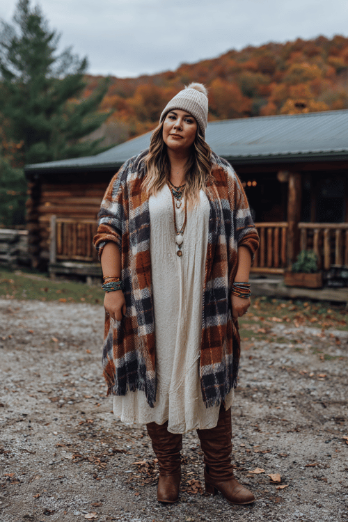 a plus-size woman dressed in a cozy oversized plaid blanket coat in rust and navy tones over a long cream lace dress, paired with tall chocolate brown leather boots, a slouchy knit beanie