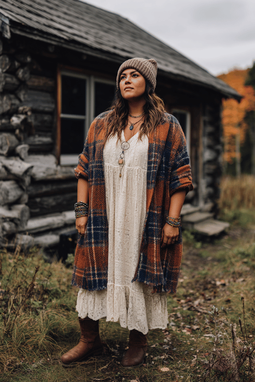 a plus-size woman dressed in a cozy oversized plaid blanket coat in rust and navy tones over a long cream lace dress, paired with tall chocolate brown leather boots
