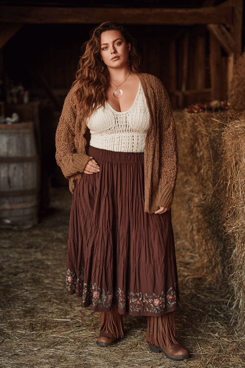 a plus-size woman dressed in a loose cream crochet top tucked into a long tiered brown skirt with floral embroidery, paired with fringe leather boots and a chunky knit cardigan