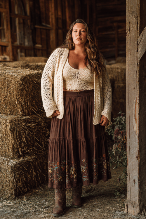 a plus-size woman dressed in a loose cream crochet top tucked into a long tiered brown skirt with floral embroidery, paired with fringe leather boots and a chunky knit cardigan
