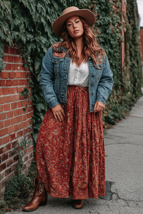 a plus-size woman in a boho patchwork denim jacket over a long rust-red floral skirt and tucked-in white blouse with lace details, accessorized with a felt western hat and brown cowboy boots