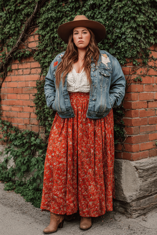 a plus-size woman in a boho patchwork denim jacket over a long rust-red floral skirt and tucked-in white blouse with lace details, accessorized with a felt western hat and brown cowboy boots