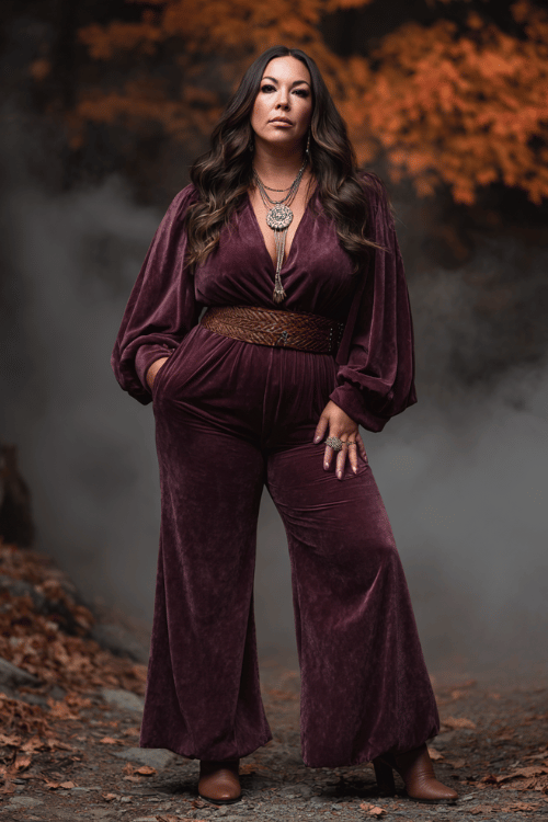 a plus-size woman in a cozy dark plum velvet flared jumpsuit with wide sleeves, a braided leather belt, layered crystal necklaces, and ankle boots with buckle detail