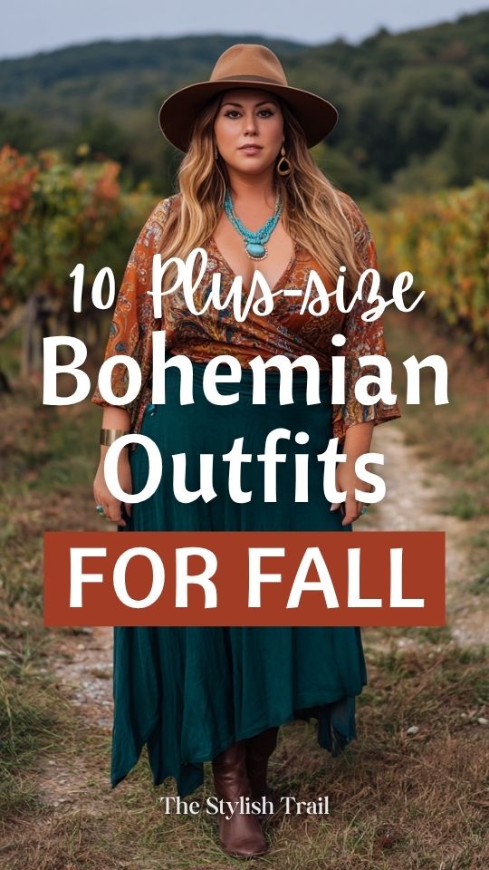 a plus-size woman in a fall boho outfit with a patterned burnt orange and brown bohemian wrap blouse with a flowing maxi skirt in deep forest green, layered turquoise jewelry