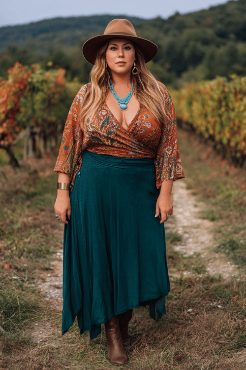 a plus-size woman in a richly patterned burnt orange and brown bohemian wrap blouse with a flowing maxi skirt in deep forest green, layered turquoise jewelry, a floppy suede hat