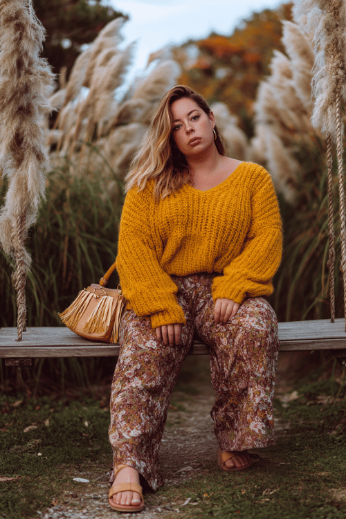 a plus-size woman in an oversized mustard yellow knit sweater, wide-leg printed boho pants in earthy tones, fringed crossbody bag and strappy flat sandals