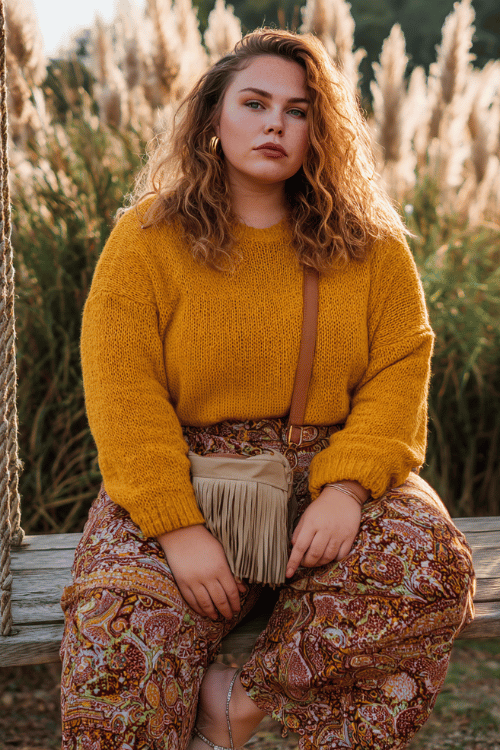 a plus-size woman in an oversized mustard yellow knit sweater, wide-leg printed boho pants in earthy tones, fringed crossbody bag and strappy flat sandals