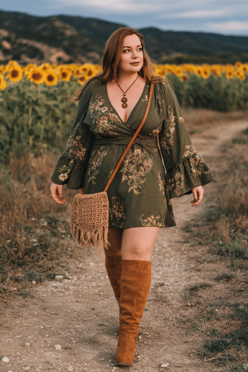 a plus-size woman wearing a deep olive wrap dress with bell sleeves and botanical print, layered amber stone pendants, a crochet bag, and tan suede knee-high boots