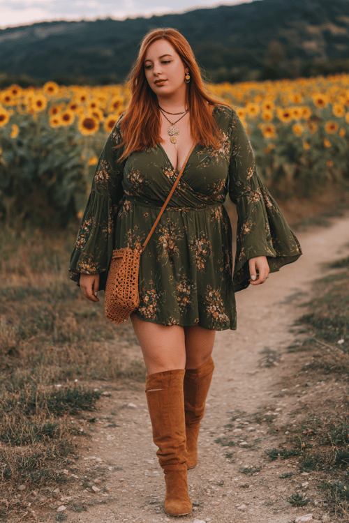 a plus-size woman wearing a deep olive wrap dress with bell sleeves and botanical print, layered amber stone pendants, a crochet bag, and tan suede knee-high boots