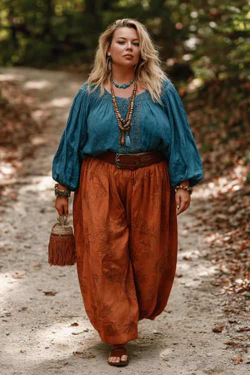 a plus-size woman wearing a deep teal embroidered peasant blouse tucked into a voluminous burnt sienna maxi skirt with floral print