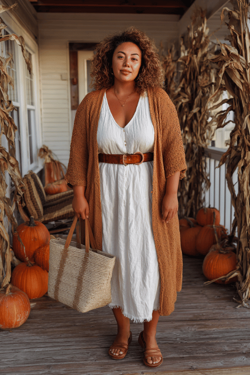 a plus-size woman wearing a long camel-toned boho cardigan with fringe hem over a white linen dress, accessorized with a wide leather belt, a woven tote bag and flat mules