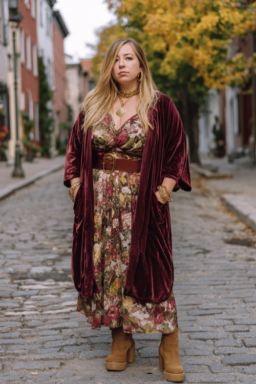 a plus-size woman wearing a rich burgundy velvet kimono jacket over a flowy floral midi dress, stacked gold rings and layered chains, brown leather belt and platform suede boots
