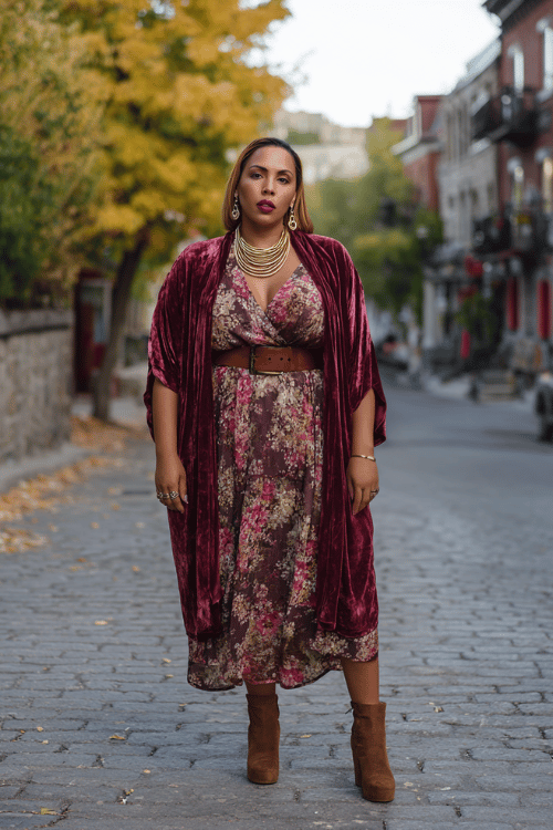 a plus-size woman wearing a rich burgundy velvet kimono jacket over a flowy floral midi dress, stacked gold rings and layered chains, brown leather belt and platform suede boots