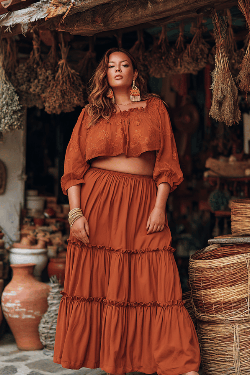 a plus-size woman wearing a terracotta tiered ruffle maxi skirt with a matching embroidered cropped blouse, layered feather earrings and woven bracelets, cork wedge sandals