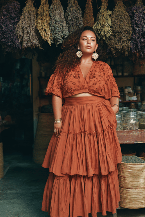 a plus-size woman wearing a terracotta tiered ruffle maxi skirt with a matching embroidered cropped blouse, layered feather earrings and woven bracelets, cork wedge sandals
