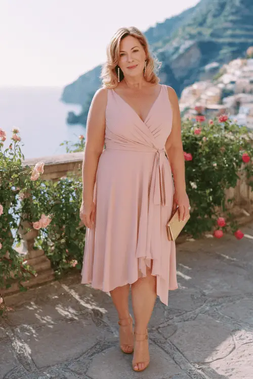 a poised and glamorous plus-size woman over 50 wearing a classic sleeveless wrap midi dress in soft blush pink chiffon with a deep V-neckline