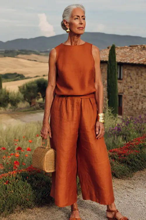 a poised woman over 50 wearing a classic sleeveless linen co-ord set in warm terracotta a relaxed tank top and wide-leg culottes paired with tan leather flat strappy sandals 