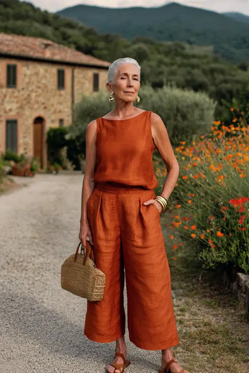 a poised woman over 50 wearing a classic sleeveless linen co-ord set in warm terracotta a relaxed tank top and wide-leg culottes paired with tan leather flat strappy sandals