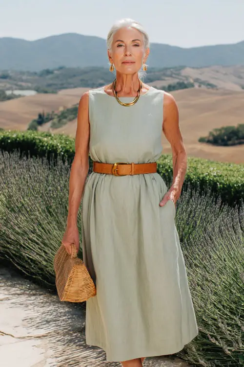 a poised woman over 50 wearing a classic sleeveless linen midi dress in soft sage green with a relaxed A-line silhouette, a modest round neckline 