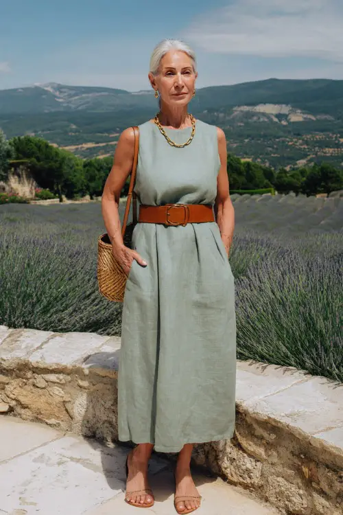 a poised woman over 50 wearing a classic sleeveless linen midi dress in soft sage green with a relaxed A-line silhouette, a modest round neckline