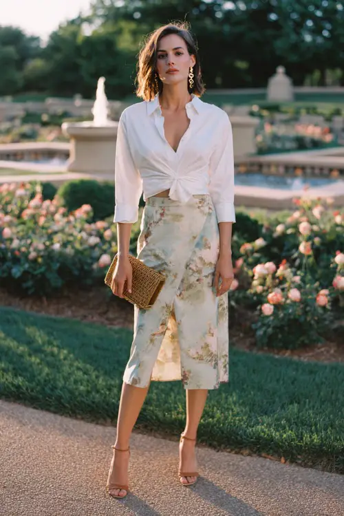 a poised woman wearing a classic crisp white button-down shirt elegantly knotted at the waist over a high-waisted flowing floral midi skirt in soft muted tones of blush, sage, and ivory 