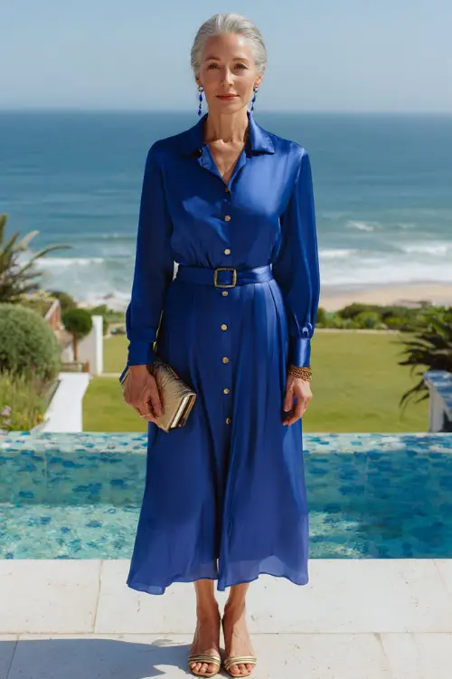 a radiant and sophisticated woman in her mid-50s wearing a classic long-sleeve belted shirt dress in deep royal blue silk with subtle gold button detailing