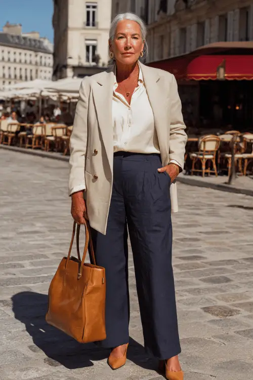a refined and confident plus-size woman over 50 wearing a classic tailored double-breasted blazer in soft camel over a fitted ivory silk blouse and well-tailored wide-leg dark navy trousers