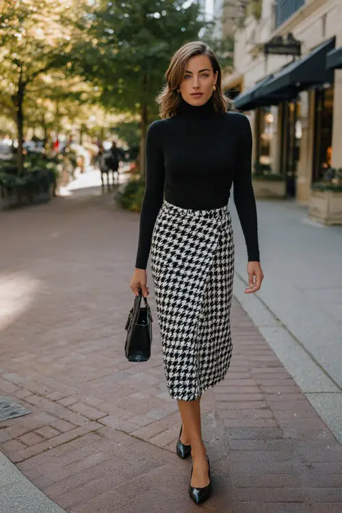 a refined woman dressed in a classic high-waisted wrap midi skirt in a timeless black and white houndstooth pattern paired with a fitted soft black cashmere turtleneck tucked in 