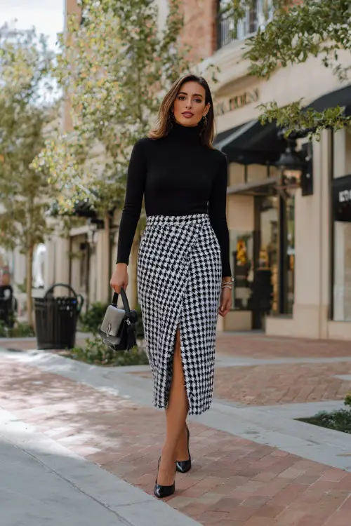 a refined woman dressed in a classic high-waisted wrap midi skirt in a timeless black and white houndstooth pattern paired with a fitted soft black cashmere turtleneck tucked in, black leather kit
