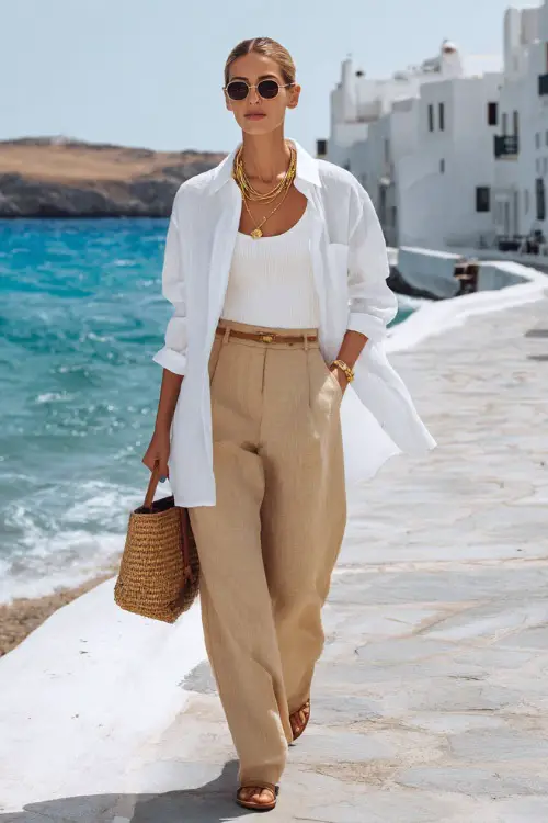 a refined woman dressed in a classic white linen oversized shirt worn open as a light layer over a fitted white ribbed tank top and high-waisted tailored beige wide-leg trousers