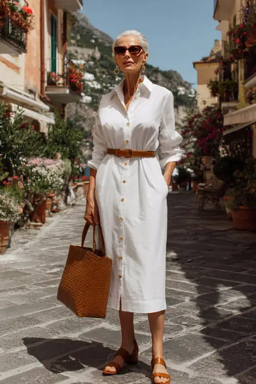 a refined woman over 50 wearing a classic long-sleeve shirt dress in crisp white cotton with gold button detailing down the front, a belted waist in tan leather