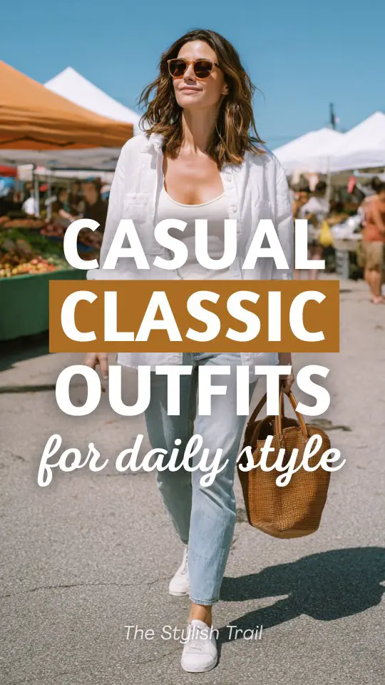 a relaxed woman wearing a casual classic outfit with a soft white linen oversized button-down shirt worn open over a fitted white tank top