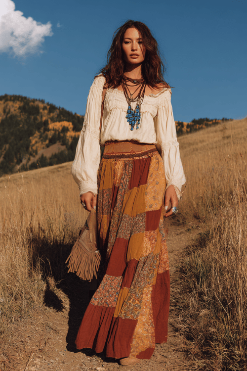 a slender woman wearing a flowing patchwork maxi skirt in earthy tones of rust, mustard, and brown, paired with a loose cream peasant blouse with bell sleeves and embroidered neckline