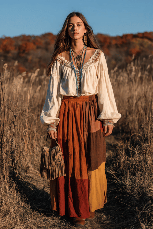 a slender woman wearing a flowing patchwork maxi skirt in earthy tones of rust, mustard, and brown, paired with a loose cream peasant blouse