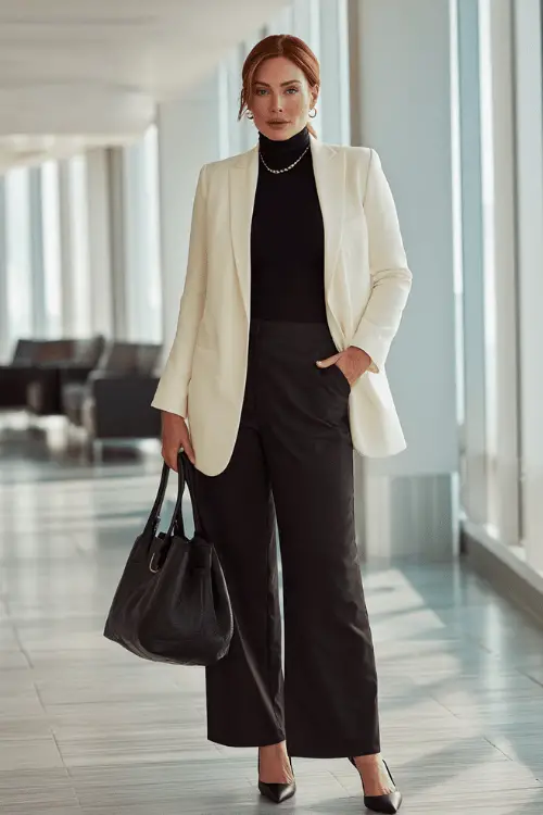 a sophisticated plus-size woman in her 40s wearing a classic well-tailored long-line blazer in soft ivory over a fitted black turtleneck and wide-leg tailored trousers in deep charcoal 