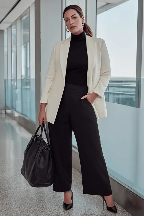 a sophisticated plus-size woman in her 40s wearing a classic well-tailored long-line blazer in soft ivory over a fitted black turtleneck and wide-leg tailored trousers in deep charcoal