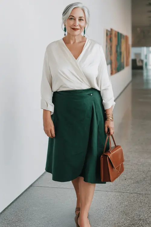 a sophisticated plus-size woman in her 50s wearing a classic long-sleeve wrap blouse in soft ivory silk tucked into a high-waisted A-line midi skirt in rich forest green wool crepe 