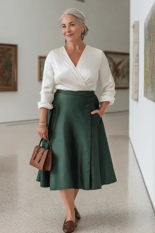 a sophisticated plus-size woman in her 50s wearing a classic long-sleeve wrap blouse in soft ivory silk tucked into a high-waisted A-line midi skirt in rich forest green wool crepe