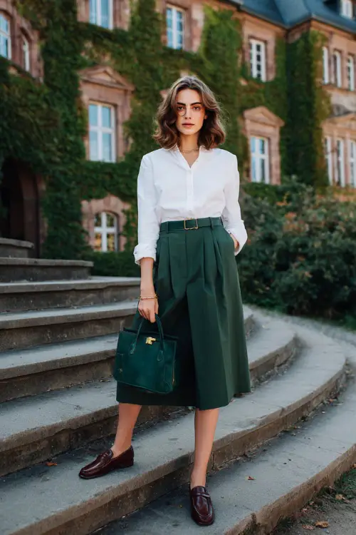 a sophisticated woman in a classic crisp white long-sleeve button-down shirt worn half-tucked into a high-waisted pleated midi skirt in deep forest green 