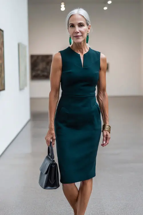 a sophisticated woman in her 50s wearing a classic sleeveless sheath dress in deep emerald green wool crepe with a modest neckline, a fitted silhouette, and a knee-length hemline