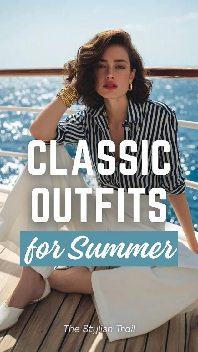 a stylish woman dressed in a classic outfit with a s navy blue and white striped linen top tucked into high-waisted white wide-leg linen trousers