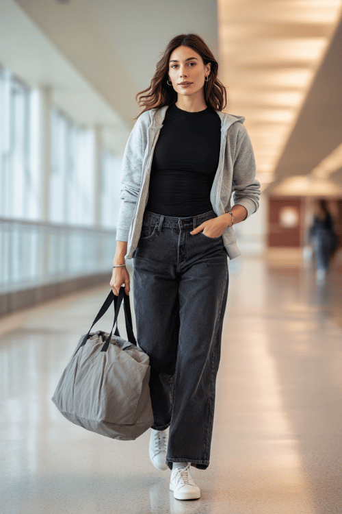 a stylish woman in a casual transitional outfit a fitted black long-sleeve tee layered under an unzipped light grey hoodie and relaxed wide-leg dark jeans with classic white low-top sneakers