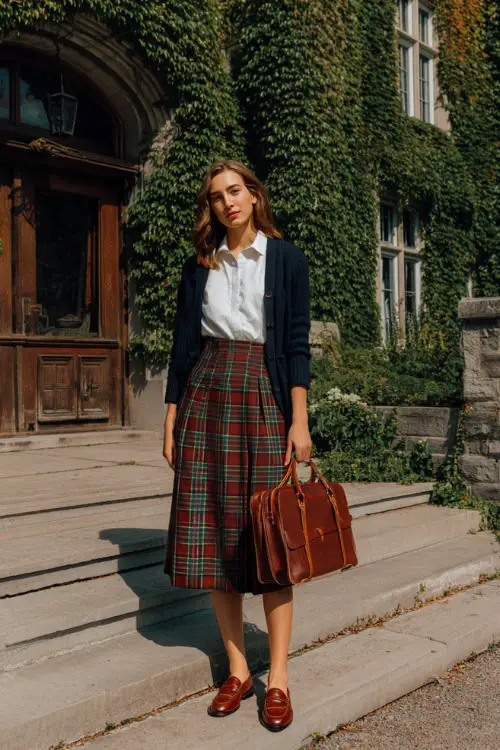 a stylish woman wearing a classic high-waisted pleated tartan plaid midi skirt in warm red and green tones paired with a fitted crisp white button-down shirt tucked in