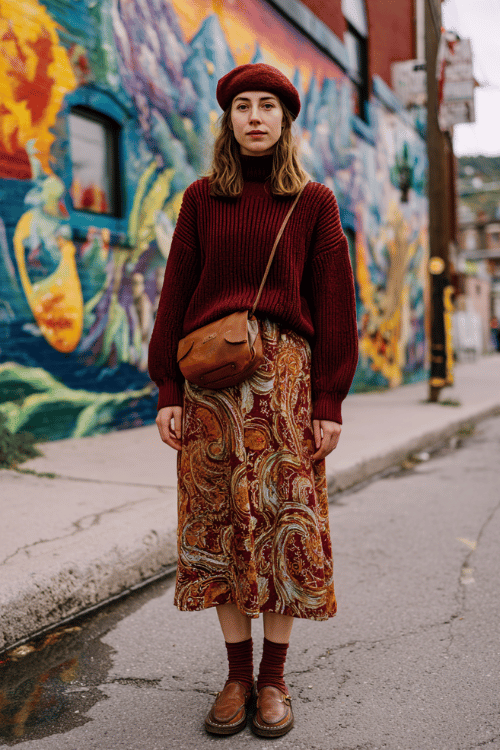 a woman dressed in a cozy deep burgundy ribbed turtleneck sweater, a flowing patterned boho midi skirt in warm earth tones, thick wool socks and flat brown leather Mary Jane shoes
